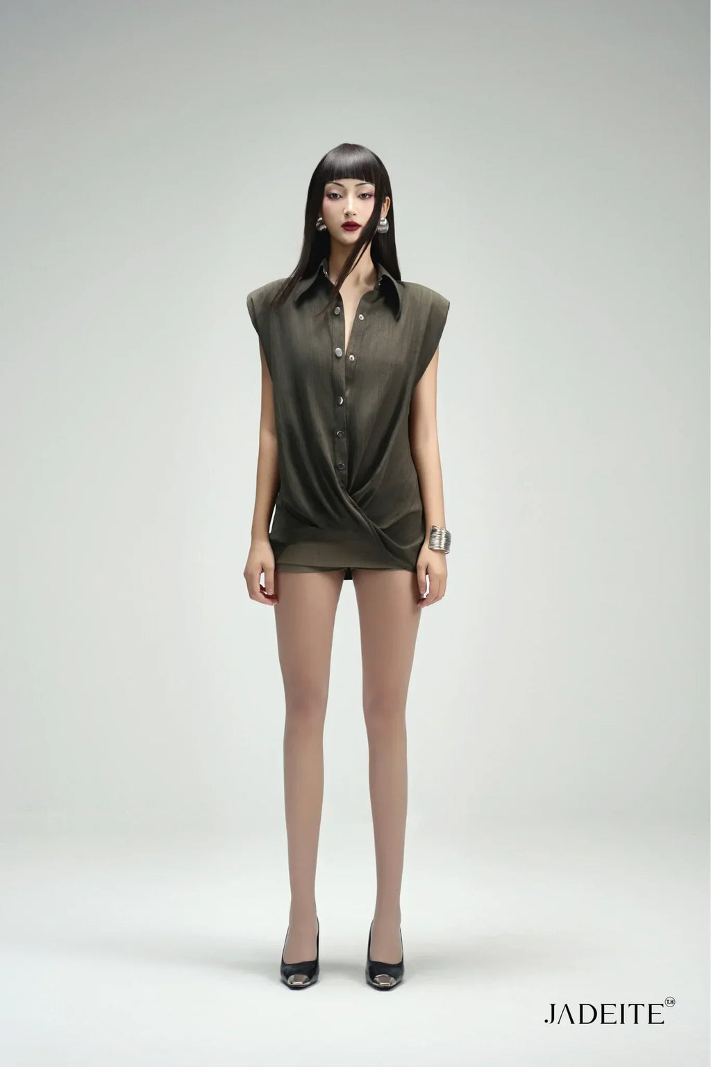 Twist Moss Green Shirt & Ash Grey Short-skirt