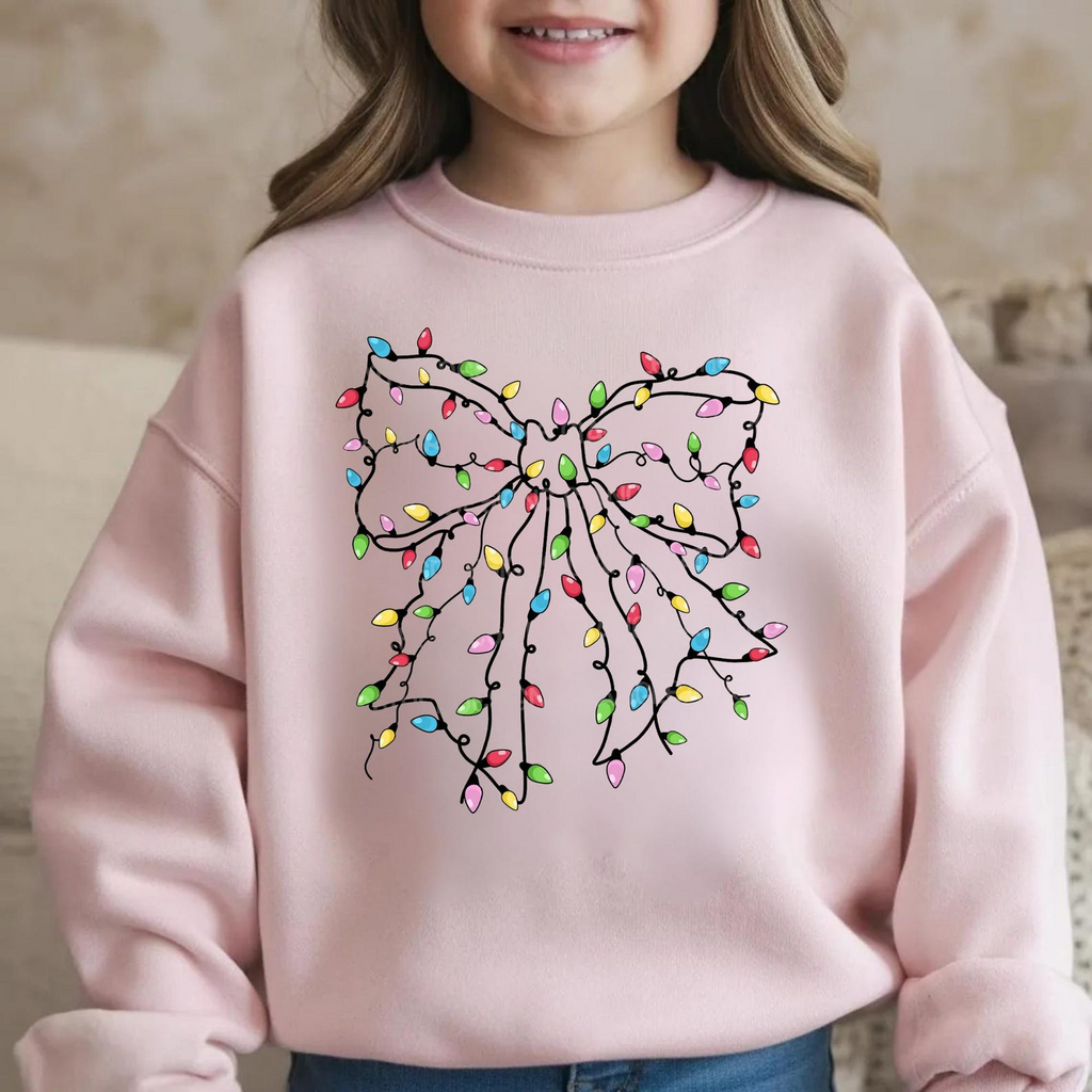 Christmas Lights Coquette Bow Kids Sweatshirt, Funny Xmas Shirt, Holiday Sweater for Children