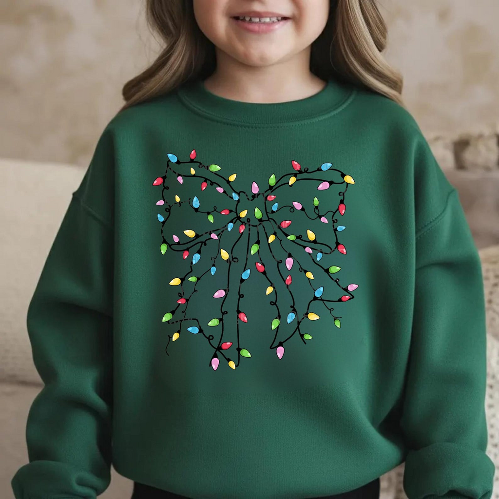 Christmas Lights Coquette Bow Kids Sweatshirt, Funny Xmas Shirt, Holiday Sweater for Children