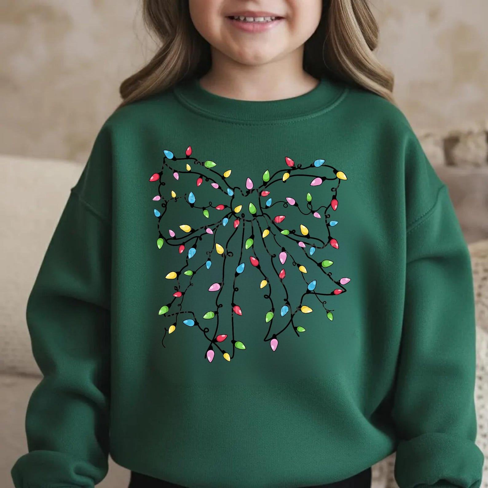Christmas Lights Coquette Bow Kids Sweatshirt, Funny Xmas Shirt, Holiday Sweater for Children
